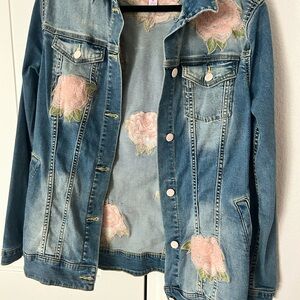 LuLaRoe Blue Jean Jacket with Pink Floral Embroidery Heavy